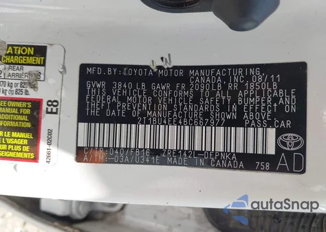 2011 Toyota Corolla Le from USA, damaged, VIN 2T1BU4EE4BC667977